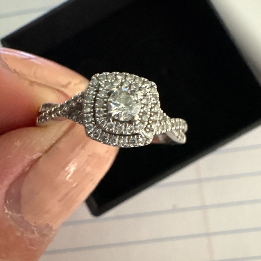 SOLD! 1ct TW Diamond 10K White Gold Dbl Sq Halo Twisted Shank Scroll Bskt Zales - Picture 3 of 14